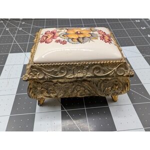 Sankyo Gold Tone Floral Porcelain Musical Jewelry Box Made in Japan vtg